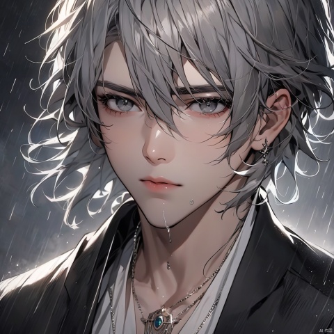 solo, looking at viewer, short hair, bangs, black hair, 1boy, hair between eyes, jewelry, closed mouth, grey hair, male focus, necklace, black eyes, lips, grey eyes, portrait, close-up, rain, realistic