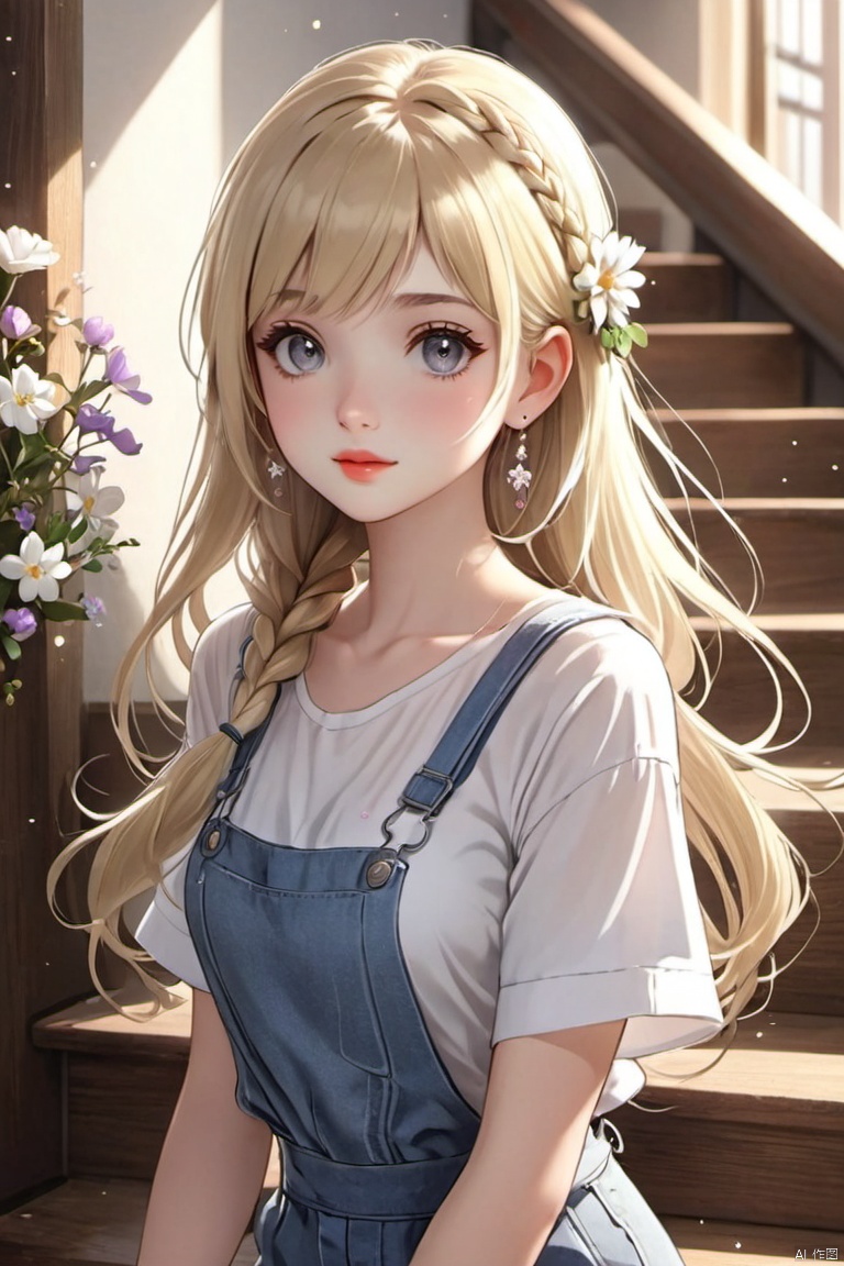 1girl, solo, long hair, looking at viewer, bangs, blonde hair, shirt, hair ornament, jewelry, closed mouth, white shirt, upper body, braid, flower, short sleeves, earrings, indoors, hair flower, medium hair, lips, grey eyes, light particles, stairs, overalls