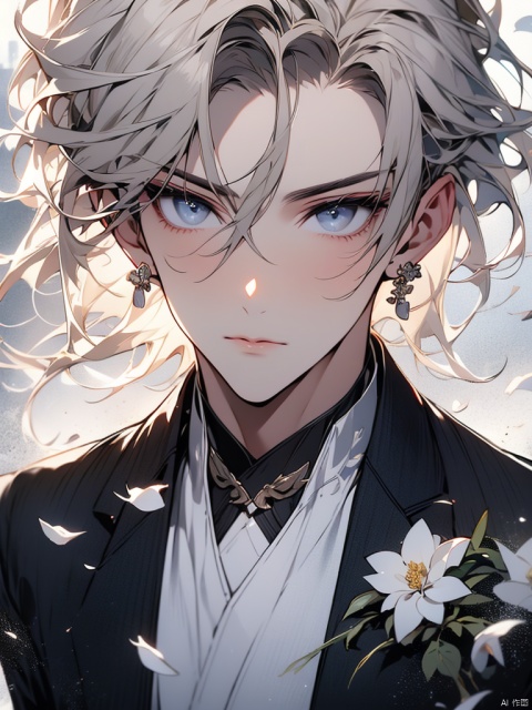solo, looking at viewer, short hair, blue eyes, blonde hair, shirt, long sleeves, 1boy, holding, jewelry, closed mouth, white shirt, upper body, flower, male focus, earrings, black jacket, grey eyes, formal, plant, white flower, holding flower, bishounen, man, gufeng