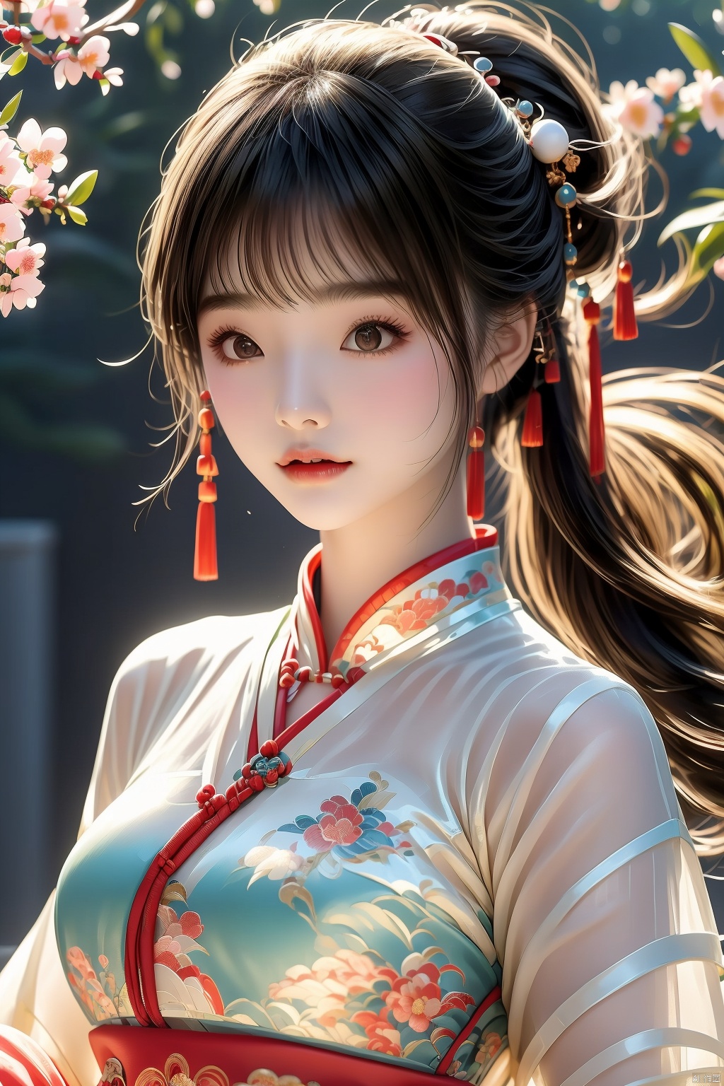 (Top quality, best quality, art, beauty and aesthetics: 1.2) A beautiful girl, dressed in Chinese clothing, slim face, closed mouth, black eyes, black and white gradient long hair, peach blossom, ponytail, tassels, white dress, sheer, looking at the camera, calm, Chinese New Year, ultra fine, 2K, ultra clear,