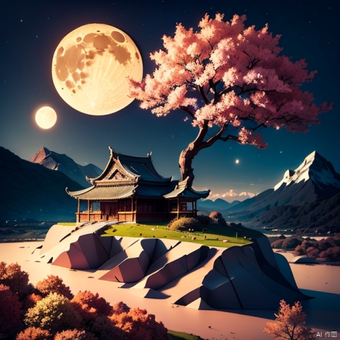 outdoors, sky, cloud, tree, no humans, night, moon, grass, cherry blossoms, scenery, full moon, rock, mountain, architecture, east asian architecture
