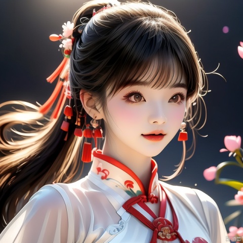 (Top quality, best quality, art, beauty and aesthetics: 1.2) A beautiful girl, dressed in Chinese clothing, slim face, closed mouth, black eyes, black and white gradient long hair, peach blossom, ponytail, tassels, white dress, sheer, looking at the camera, calm, Chinese New Year, ultra fine, 2K, ultra clear, hair