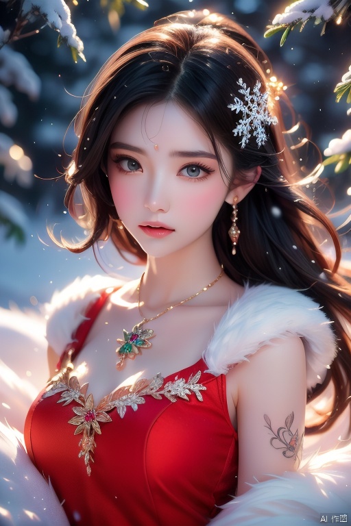 Medium: Ultra-fine painting. Subject: A young woman in a reddress  running,adorned with jade jewelry, Emotion: Tranquil. Lighting: Soft,highlighting the snowflakes. Scene: A snowy landscape with delicate snowflakes falling around her. Style: Ultra-detailed realism with a colorful palette, Lying down with a wolf,