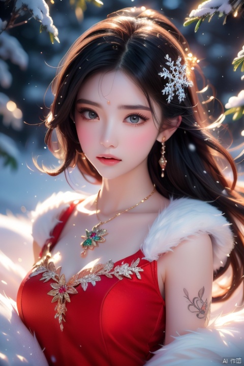 Medium: Ultra-fine painting. Subject: A young woman in a reddress  running,adorned with jade jewelry, Emotion: Tranquil. Lighting: Soft,highlighting the snowflakes. Scene: A snowy landscape with delicate snowflakes falling around her. Style: Ultra-detailed realism with a colorful palette, Lying down with a wolf,