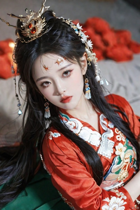  1 girl, solo, long hair, looking at the audience, black hair, hair accessories, flowers, hair flowers, black eyes, makeup, lipstick, snake, motion blur, red lips, Miao silver phoenix crown, lying on her stomach, xinyue