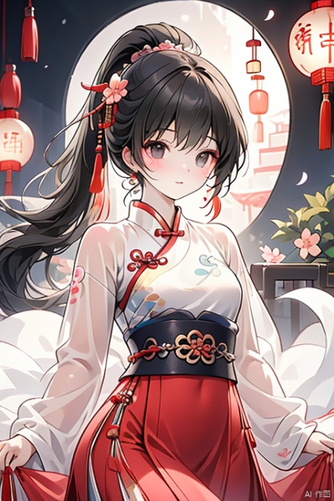  (Top quality, best quality, art, beauty and aesthetics: 1.2) A beautiful girl, dressed in Chinese clothing, slim face, closed mouth, black eyes, black and white gradient long hair, peach blossom, ponytail, tassels, red dress, sheer, looking at the camera, calm, Chinese New Year, ultra fine, 2K, ultra clear, hair,Facial shape,Exquisite appearance,Bright eyes, face,eyes