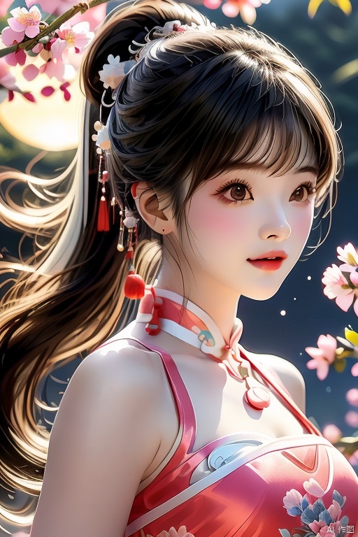 Ultra fine painting, a beautiful girl with Chinese style, slim face, closed mouth, black eyes, black and white gradient long hair, peach blossom, half body lens, ponytail, tassels, decoration, light pink dress, sheer, gazing at the moon in the night sky, calm, light: soft, spring festival, moon, ultra fine, 2K, ultra clear,