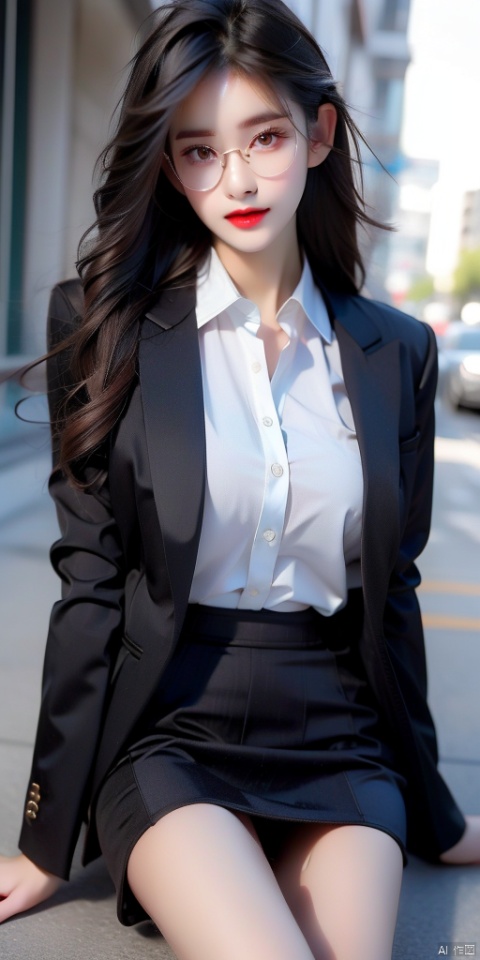 1girl, solo, long hair, breasts, looking at viewer, smile, skirt, brown hair, shirt, long sleeves, brown eyes, sitting, jacket, white shirt, outdoors, glasses, day, collared shirt, miniskirt, black skirt, lips, black jacket, head tilt, dress shirt, arm support, formal, suit, building, pencil skirt, red lips, office lady