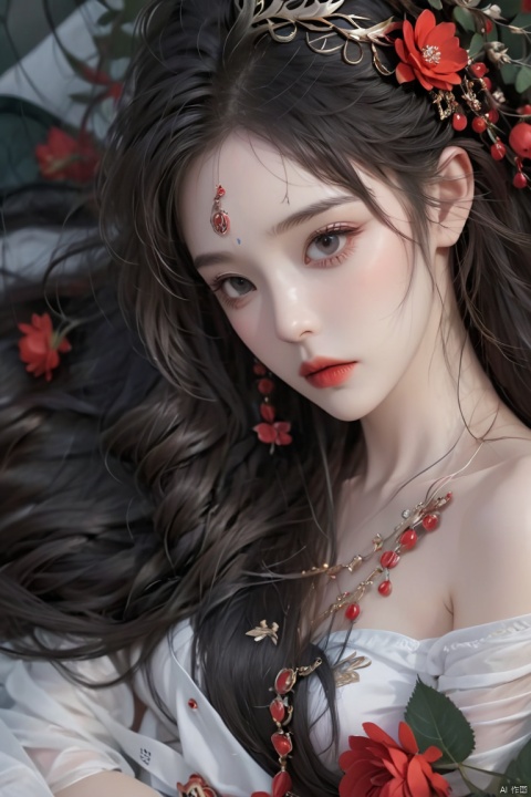 1 girl, solo, long hair, looking at the audience, black hair, hair accessories, flowers, hair flowers, black eyes, makeup, lipstick, snake, motion blur, red lips, Miao silver phoenix crown, lying on her stomach, xinyue