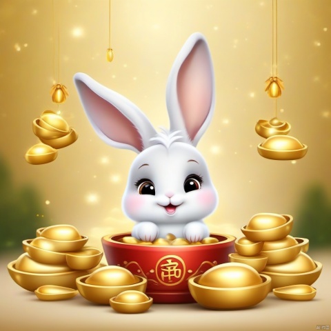 Cartoon version, cute beckoning rabbit, zodiac, background blur, gold ingots, festive