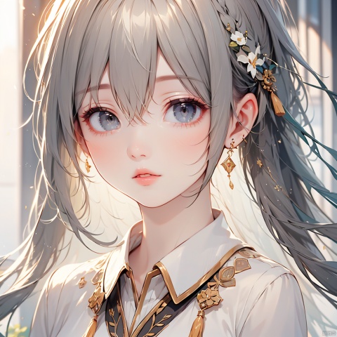 {very detailed light},{painting},{{very fine 8K CG wallpaper}}, (Premium, Best Quality, Art, Beauty and Aesthetics: 1.2),1girl, solo, long hair, looking at viewer, shirt, jewelry, white shirt, upper body, white hair, earrings, parted lips, lips, grey eyes, eyelashes, tassel, tassel earrings