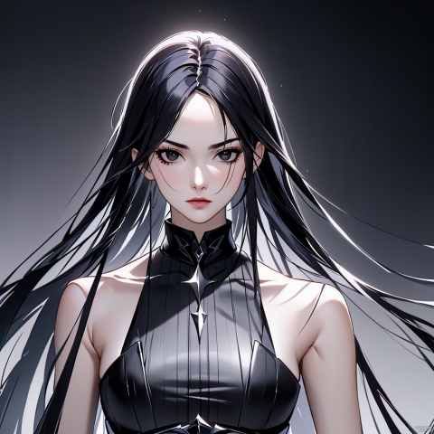 (High quality, best quality, art, beauty and aesthetics: 1.2), girl, Gothic style, 2D anime, black and shiny vertical hair, slanted and handsome eyebrows, sharp black eyes, thin and pursed lips, sharp contours, slender figure, aloof and solitary, imposing, vampire, half body photo, special effects, ultra clear, hazy
