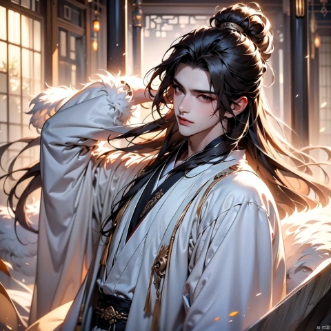 {very detailed light},{painting},{{very fine 8K CG wallpaper}}, (Premium, Best Quality, Art, Beauty and Aesthetics: 1.2), 1boy, male focus, solo, black hair, chinese clothes, standing, fur trim, long hair, scroll, wide sleeves, hanfu, brown eyes