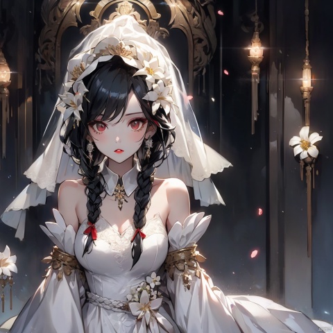 1girl, solo, long hair, looking at viewer, black hair, hair ornament, dress, bare shoulders, jewelry, upper body, braid, flower, earrings, detached sleeves, white dress, twin braids, makeup, detached collar, expressionless, white flower, gem, veil, hair over shoulder, wedding dress, red lips, bridal veil