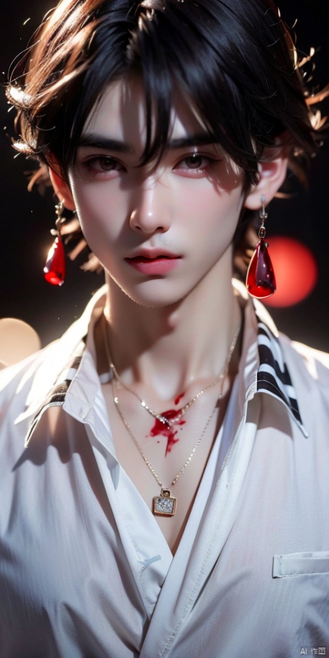 looking at viewer, short hair, bangs, shirt, red eyes, 1boy, hair between eyes, jewelry, jacket, white shirt, upper body, white hair, male focus, earrings, parted lips, solo focus, necklace, blurry, blood, blurry background, chain, blood on face, blood on clothes, blood from mouth, xinyue