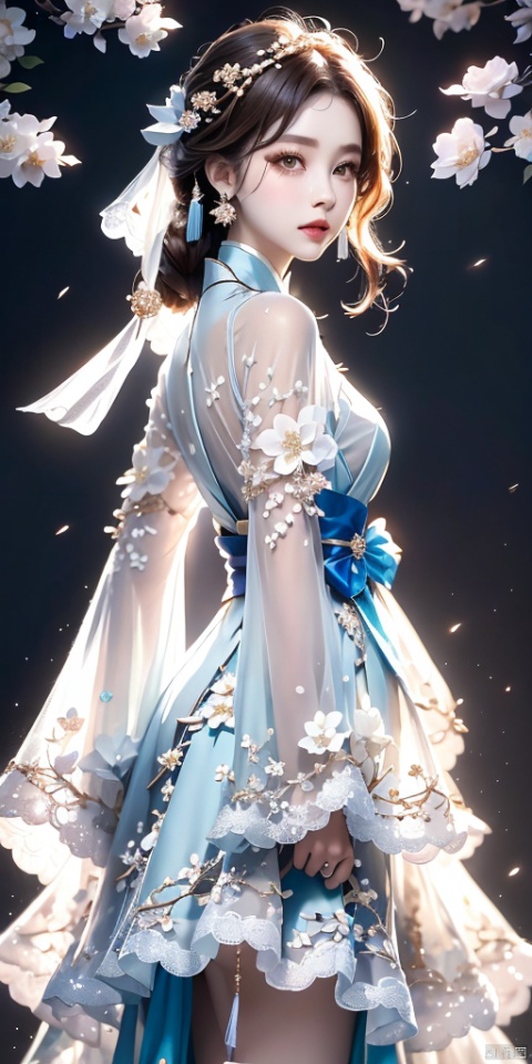  1girl, solo, long hair, breasts, looking at viewer, bangs, brown hair, black hair, hair ornament, long sleeves, dress, holding, bare shoulders, jewelry, closed mouth, ponytail, flower, earrings, detached sleeves, hair flower, white dress, from side, facial mark, chinese clothes, tassel, branch, girl,face, purple_veil_dress, Hanfu