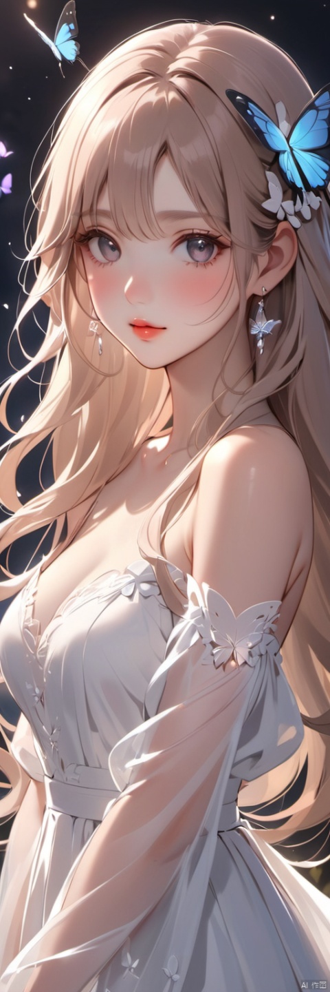 1girl, solo, long hair, breasts, looking at viewer, blush, bangs, blonde hair, hair ornament, dress, bare shoulders, jewelry, medium breasts, closed mouth, upper body, earrings, detached sleeves, white dress, mole, lips, see-through, parted bangs, grey eyes, mole under eye, night, wavy hair, bug, gem, butterfly, butterfly hair ornament