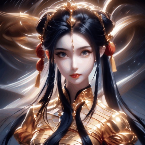 (High Quality, High Quality, Art, Beauty, Aesthetics: 1.2), a Chinese ancient costume girl looking back, tied her hair and wearing a hair crown, gold jewelry, beautiful face, flowing hair, flowing clothes, tight face, original game character painting, 1girl