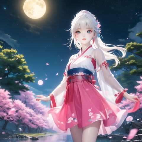  (Top quality, best quality, art, beauty and aesthetics: 1.2) ,2D animation, anime style, girl standing in the water, pink dress, hanfu, white hair, dynamic posture, pale skin, charming beauty, gorgeous eyes, elegant face, details, peach blossom forest, ultra lifelike, high-definition, 8k, 3d, rubber texture, digital illustration, niji 5, aestheticism, art, photography style, night, moon, starlight, girl,xinyue, face, qianrenxue, realistic