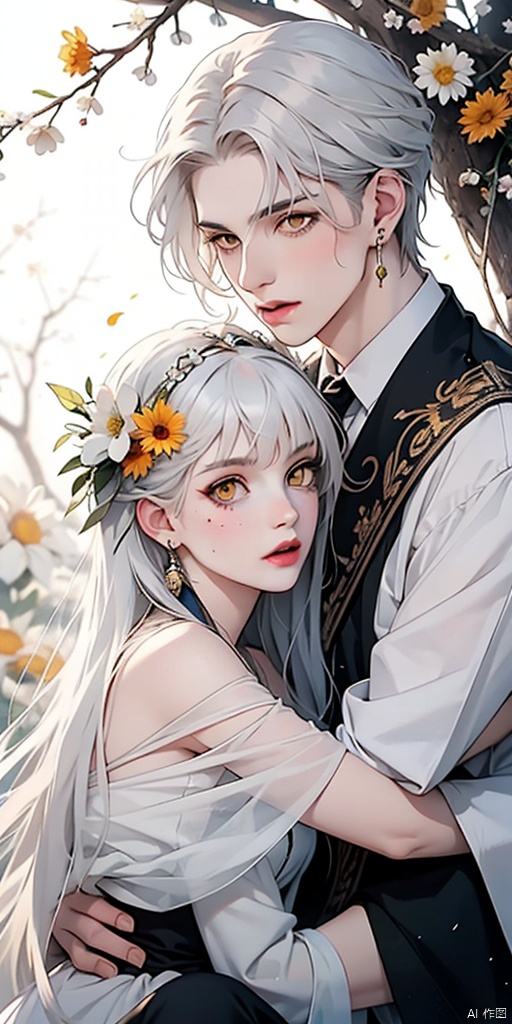 1 girl, long hair, looking at the audience, hair accessories, 1 boy, jewelry, yellow eyes, flowers, white hair, earrings, hair flowers, moles, fur trimming, siblings, face markers, safflower, hug, branches, snuggle,