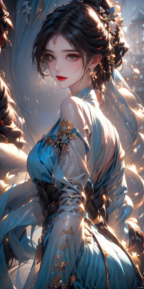 1girl, solo, long hair, breasts, looking at viewer, bangs, brown hair, black hair, hair ornament, long sleeves, dress, holding, bare shoulders, jewelry, closed mouth, ponytail, flower, earrings, detached sleeves, hair flower, white dress, from side, facial mark, chinese clothes, tassel, branch