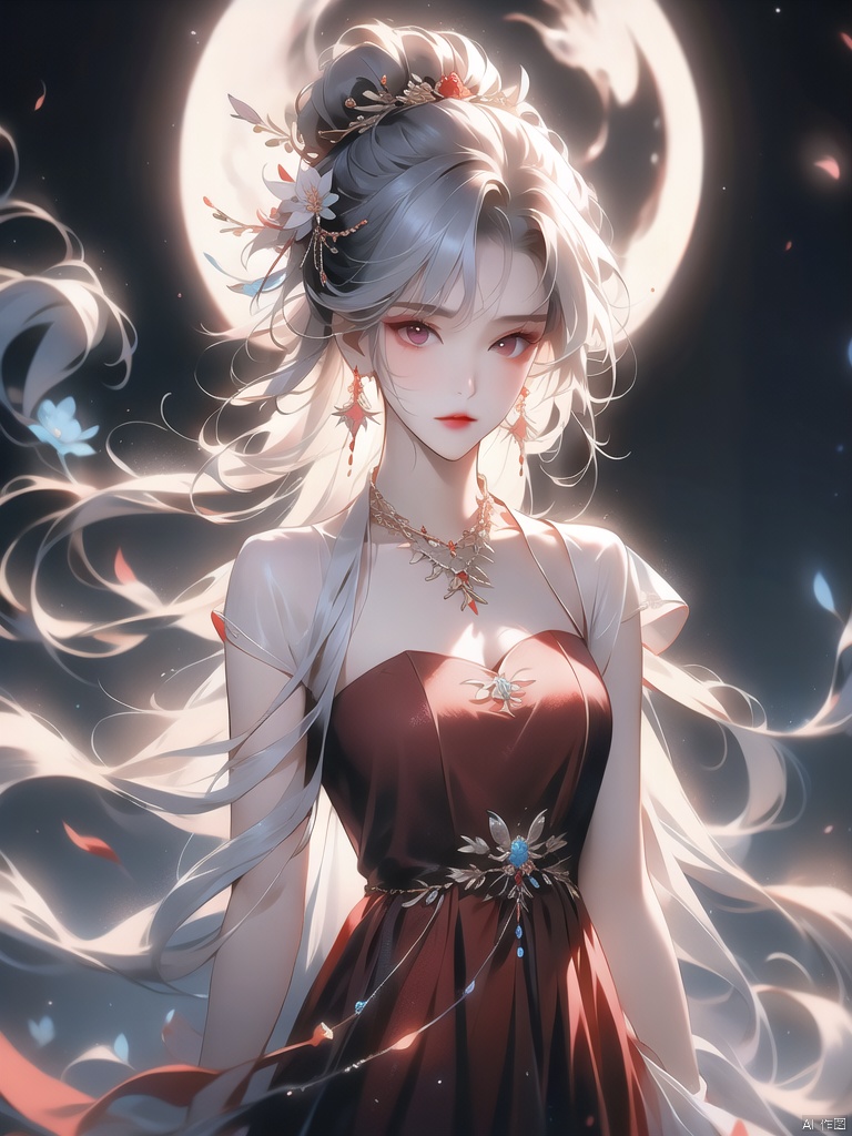 1girl, solo, long hair, hair ornament, red eyes, dress, ribbon, jewelry, hair ribbon, upper body, flower, white hair, earrings, sky, hair flower, necklace, bracelet, night, chinese clothes, moon, red dress, rabbit, hanfu