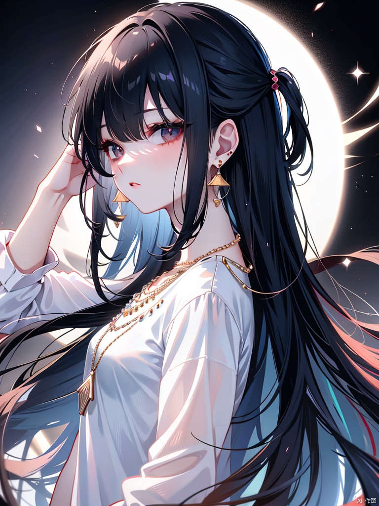 1girl, solo, long hair, looking at viewer, blush, shirt, black hair, jewelry, white shirt, upper body, earrings, necklace, black eyes, from side, lips