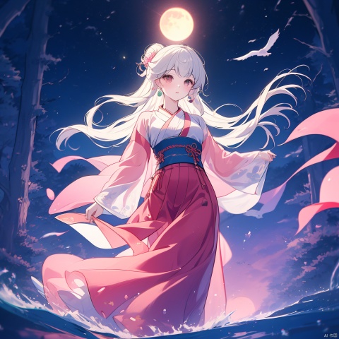 (Top quality, best quality, art, beauty and aesthetics: 1.2) ,2D animation, anime style, girl standing in the water, pink dress, hanfu, white hair, dynamic posture, pale skin, charming beauty, gorgeous eyes, elegant face, details, peach blossom forest, ultra lifelike, high-definition, 8k, 3d, rubber texture, digital illustration, niji 5, aestheticism, art, photography style, night, moon, starlight, girl,xinyue, face