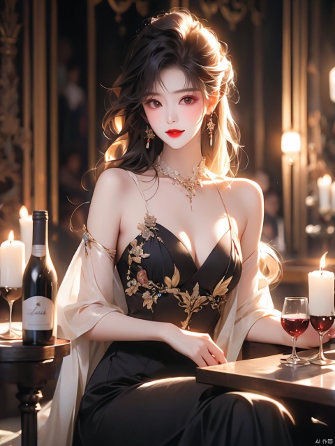 1girl, solo, long hair, breasts, looking at viewer, smile, bangs, black hair, hair ornament, dress, holding, cleavage, bare shoulders, brown eyes, jewelry, medium breasts, sitting, upper body, earrings, parted lips, detached sleeves, sleeveless, choker, indoors, nail polish, black dress, cup, lips, see-through, sleeveless dress, table, bottle, holding cup, red nails, alcohol, drinking glass, red lips, wine glass, wine, wine bottle