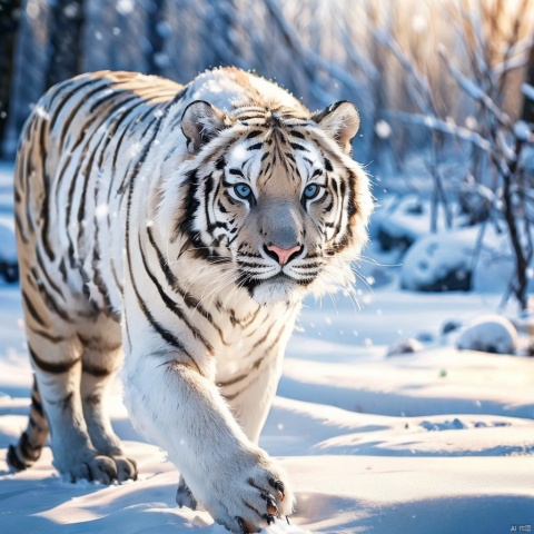 outdoors, sky, day, cloud, blurry, no humans, animal, snow, snowing, realistic, animal focus, winter, tiger, year of the tiger, white tiger