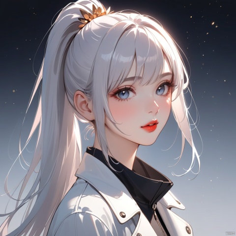1girl, solo, long hair, looking at viewer, blush, bangs, blue eyes, hair ornament, jacket, upper body, ponytail, white hair, sidelocks, parted lips, from side, lips, gradient, grey eyes, gradient background, eyelashes, white jacket, high ponytail, portrait, light particles, red lips