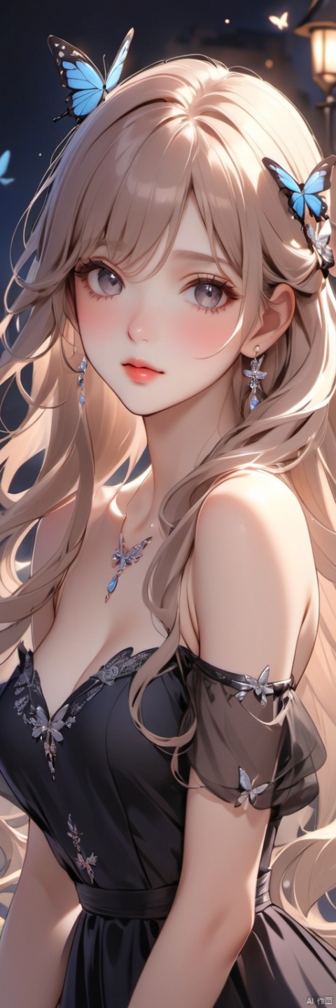 1girl, solo, long hair, breasts, looking at viewer, blush, bangs, blonde hair, hair ornament, dress, bare shoulders, jewelry, medium breasts, closed mouth, upper body, earrings, detached sleeves, black dress, mole, lips, see-through, parted bangs, grey eyes, mole under eye, night, wavy hair, bug, gem, butterfly, butterfly hair ornament