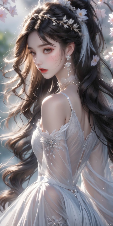 1girl, solo, long hair, breasts, looking at viewer, bangs, brown hair, black hair, hair ornament, long sleeves, dress, holding, bare shoulders, jewelry, closed mouth, ponytail, flower, earrings, detached sleeves, hair flower, white dress, from side, facial mark, chinese clothes, tassel, branch, girl,face
