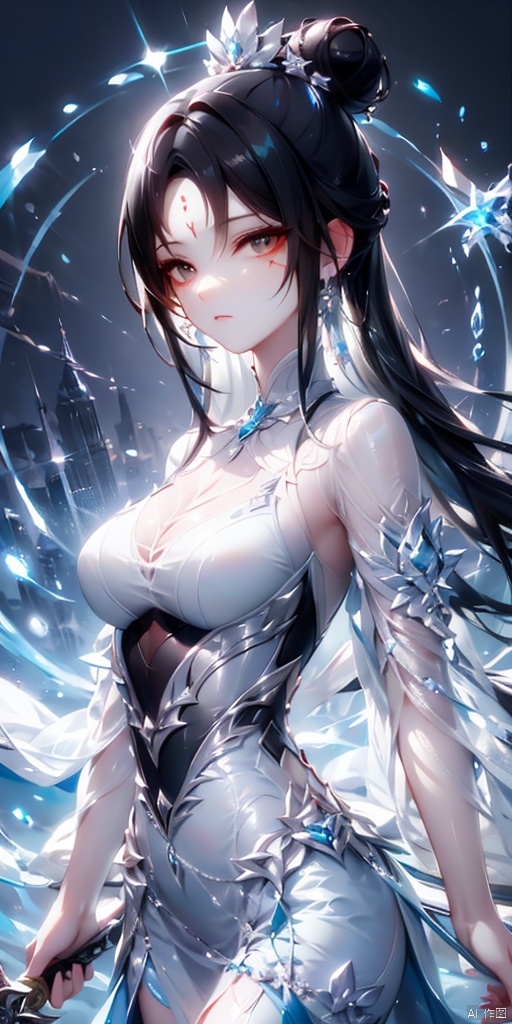 1girl, solo, long hair, looking at viewer, black hair, hair ornament, dress, jewelry, upper body, weapon, earrings, sword, hair bun, holding weapon, white dress, facial mark, expressionless, holding sword, single hair bun, forehead mark