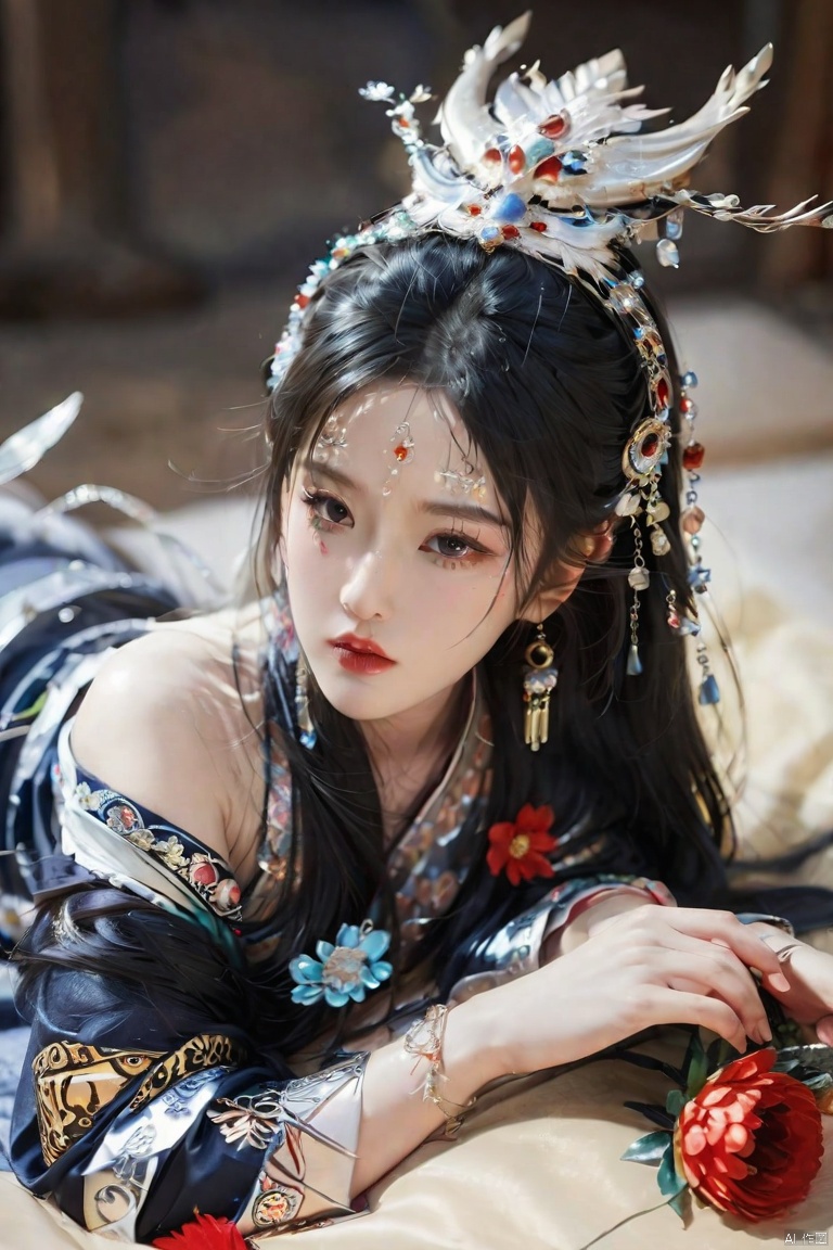 1 girl, solo, long hair, looking at the audience, black hair, hair accessories, flowers, hair flowers, black eyes, makeup, lipstick, snake, motion blur, red lips, Miao silver phoenix crown, lying on her stomach, xinyue