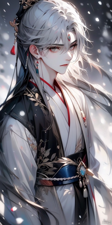 solo, long hair, looking at viewer, 1boy, jewelry, closed mouth, upper body, ponytail, grey hair, male focus, earrings, outdoors, blurry, grey eyes, chinese clothes, wind, snowing, hanfu, man, girl, xinyue