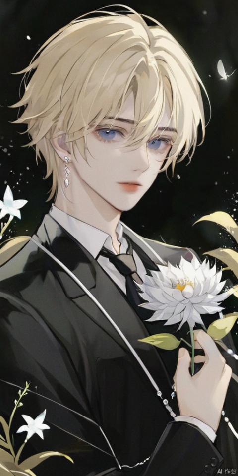 solo, looking at viewer, short hair, blue eyes, blonde hair, shirt, long sleeves, 1boy, holding, jewelry, closed mouth, white shirt, upper body, flower, male focus, earrings, black jacket, grey eyes, formal, plant, white flower, holding flower, bishounen