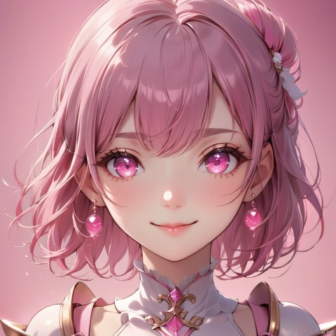  {very detailed light},{painting},{{very fine 8K CG wallpaper}}, (Premium, Best Quality, Art, Beauty and Aesthetics: 1.2),1girl, solo, looking at viewer, smile, short hair, bangs, hair ornament, jewelry, closed mouth, pink hair, earrings, pink eyes, armor, lips, gradient, gradient background, portrait, pink lips, pink theme, loli
