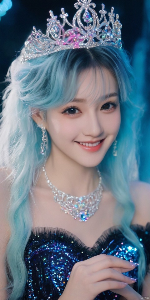 Costumes, necklaces, sparkling dresses, tulle, light, sheer, ethereal, underworld, gradient-colored hair, long hair, sweet smiles, winks, close-ups, (black eyes)