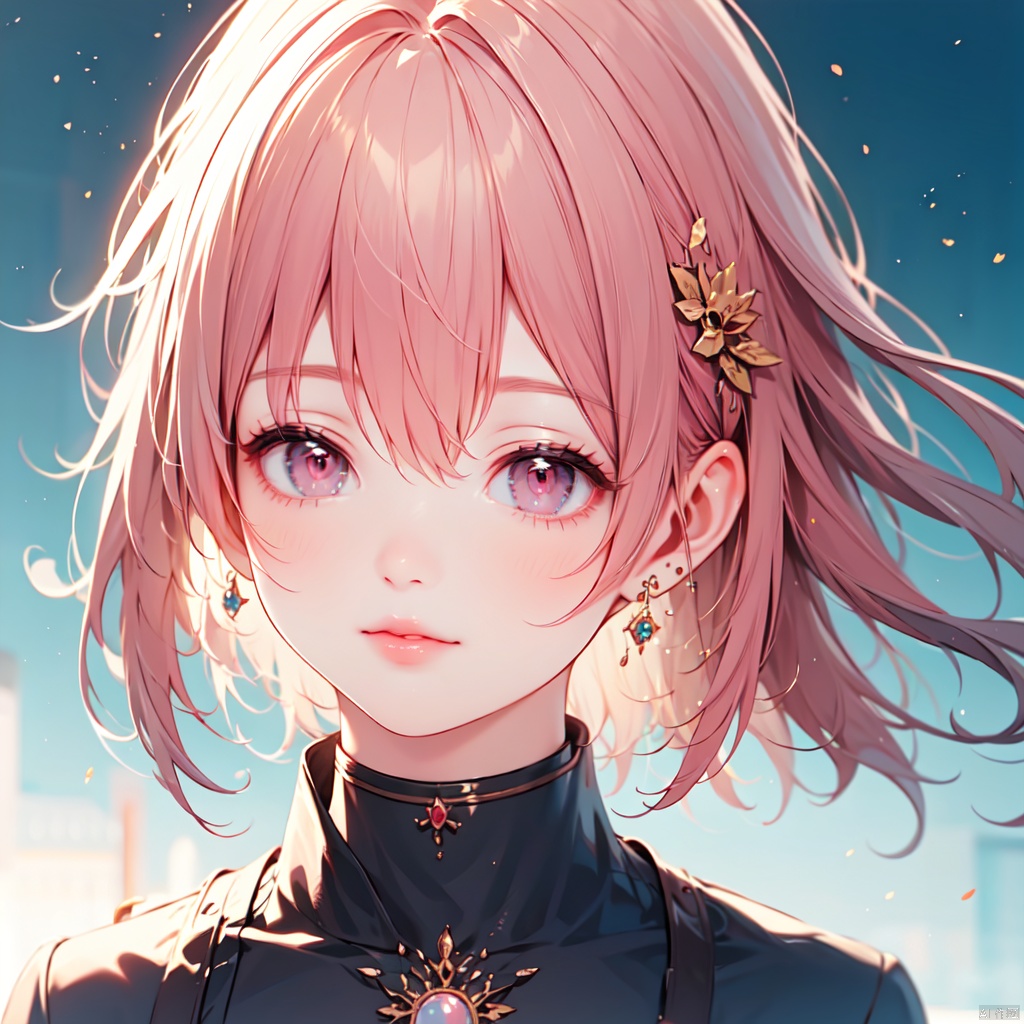 {Very Fine Light}, {Painting}, {{Very Fine 8K CG Wallpaper}}, (Premium, Best Quality, Art, Beauty & Aesthetics: 1.2), 1 Girl, Solo, Looking at the Viewer, Smiling, Short Hair, Bangs, Hair Accessories, Jewelry, Shut Up, Pink Hair, Earrings, Pink Eyes, Armor, Lips, Gradient, Gradient Background, Crown, Portrait, Pink Lips, Pink Theme