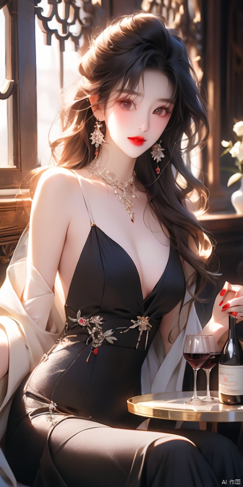 1girl, solo, long hair, breasts, looking at viewer, smile, bangs, black hair, hair ornament, dress, holding, cleavage, bare shoulders, brown eyes, jewelry, medium breasts, sitting, upper body, earrings, parted lips, detached sleeves, sleeveless, choker, indoors, nail polish, black dress, cup, lips, see-through, sleeveless dress, table, bottle, holding cup, red nails, alcohol, drinking glass, red lips, wine glass, wine, wine bottle