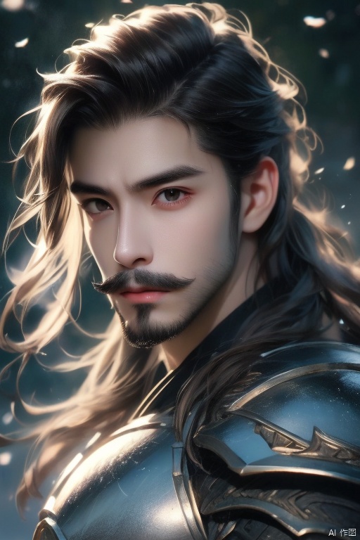 solo, long hair, looking at viewer, brown hair, black hair, 1boy, brown eyes, closed mouth, upper body, male focus, armor, facial hair, beard, mustache, manly