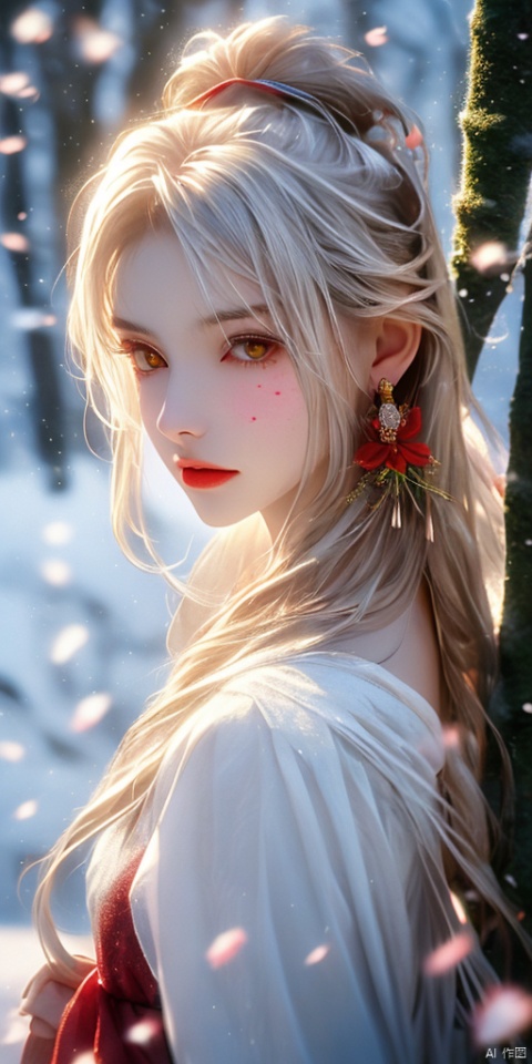 1girl, long hair, looking at viewer, hair ornament, 1boy, jewelry, yellow eyes, flower, white hair, earrings, hair flower, mole, fur trim, mole under eye, siblings, facial mark, red flower, brother and sister, branch, bishounen