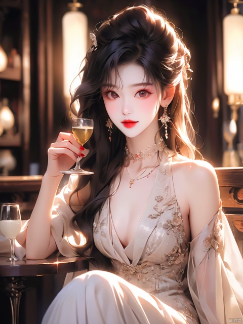 1girl, solo, long hair, breasts, looking at viewer, smile, bangs, black hair, hair ornament, dress, holding, cleavage, bare shoulders, brown eyes, jewelry, medium breasts, sitting, upper body, earrings, parted lips, detached sleeves, sleeveless, choker, indoors, nail polish, black dress, cup, lips, see-through, sleeveless dress, table, bottle, holding cup, red nails, alcohol, drinking glass, red lips, wine glass, wine, wine bottle