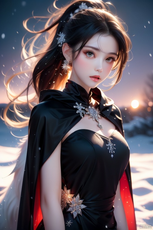 Ultra fine painting. A beautiful girl with a thin face, black eyes, black and white gradient long hair, ponytail, tassels, decoration, wearing a black dress adorned with jewelry, cape, looking at the sky, white wolf packs lying beside her, peaceful. Light: Soft, highlighting snowflakes, scene: A snowy landscape, moonlight, ultra fine