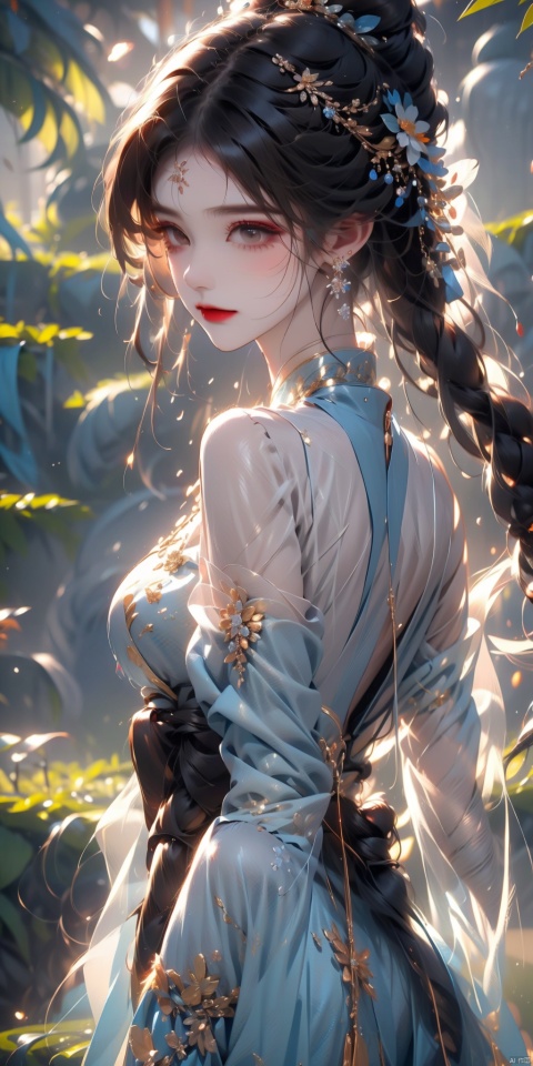 1girl, solo, long hair, breasts, looking at viewer, bangs, brown hair, black hair, hair ornament, long sleeves, dress, holding, bare shoulders, jewelry, closed mouth, ponytail, flower, earrings, detached sleeves, hair flower, white dress, from side, facial mark, chinese clothes, tassel, branch