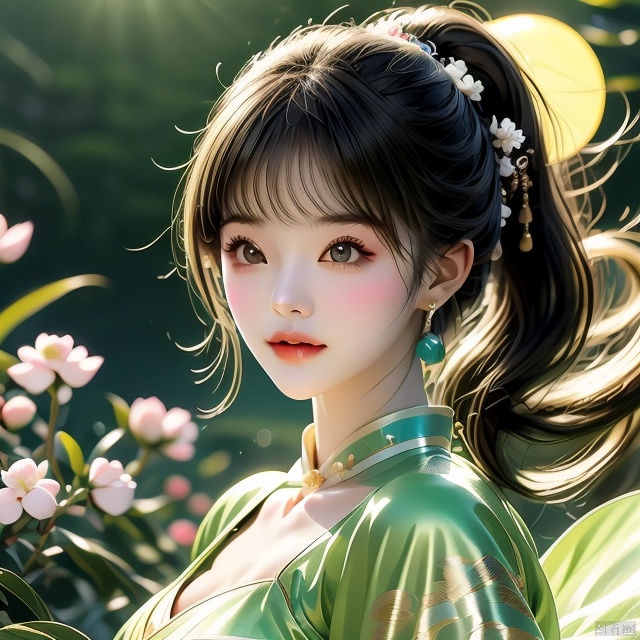 Ultra fine painting, a beautiful girl with a slim face, closed mouth, black eyes, black and white gradient long hair, peach blossom, half length lens, ponytail, tassels, decoration, wearing a light green dress, gazing at the moon in the night sky, calm, light: soft, Spring Festival, bright moon, ultra fine, 2K, ultra clear,