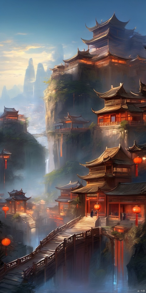 Fantasy, (ink style), (Chinese elaborate-style painting), Laputa, sky, city made of light, fairytale, Medieval City covered, Avatar, waterfall, Epang Palace, Tyndall effect, highly detailed, (irregular building floating in the air), fantasy art, light shafts, high detail, masterpiece, high detail, excellent lighting, super detail, depth of field, science fiction, Cyberpunk, masterpiece, best quality,((ultra-detailed)), Chinese traditional, Original, wash painting, Chinese traditional painting, long stone steps in front of the building, black and white, greyscale, monochrome, sketch, minimalism, pencil drawing, (clear lines:2), A minimalist design, Chinese ancientpaintings
