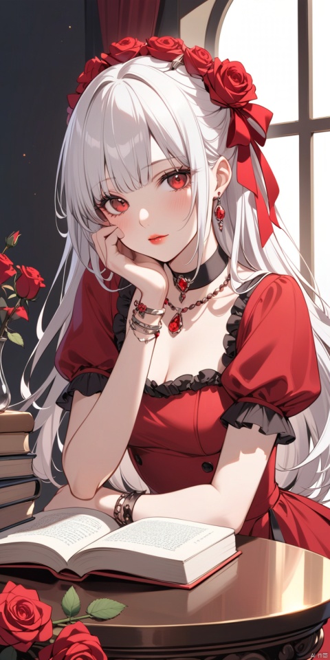 1girl, solo, long hair, looking at viewer, hair ornament, red eyes, dress, ribbon, jewelry, hair ribbon, upper body, flower, white hair, short sleeves, earrings, frills, choker, puffy sleeves, hair flower, necklace, bracelet, red ribbon, puffy short sleeves, book, rose, red dress, table, red flower, pale skin, hand on own face, head rest, red rose, hand on own cheek, red lips