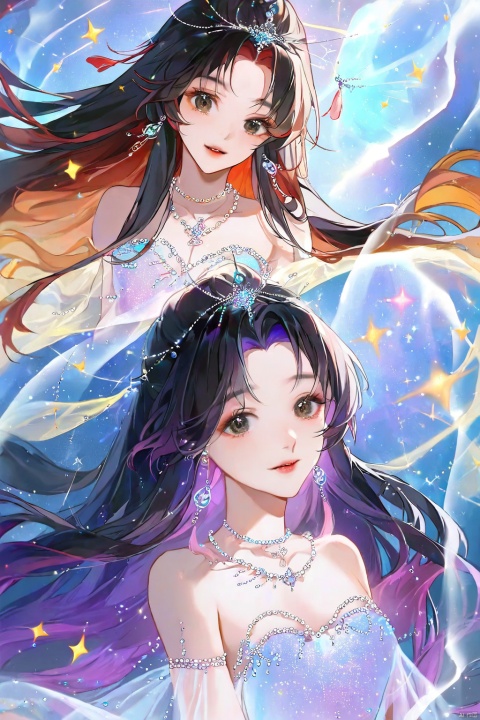  Costumes, necklaces, sparkling dresses, tulle, light, sheer, ethereal, underworld, gradient-colored hair, long hair, sweet smiles, winks, close-ups, (black eyes), xinyue,yunxi, Arien view